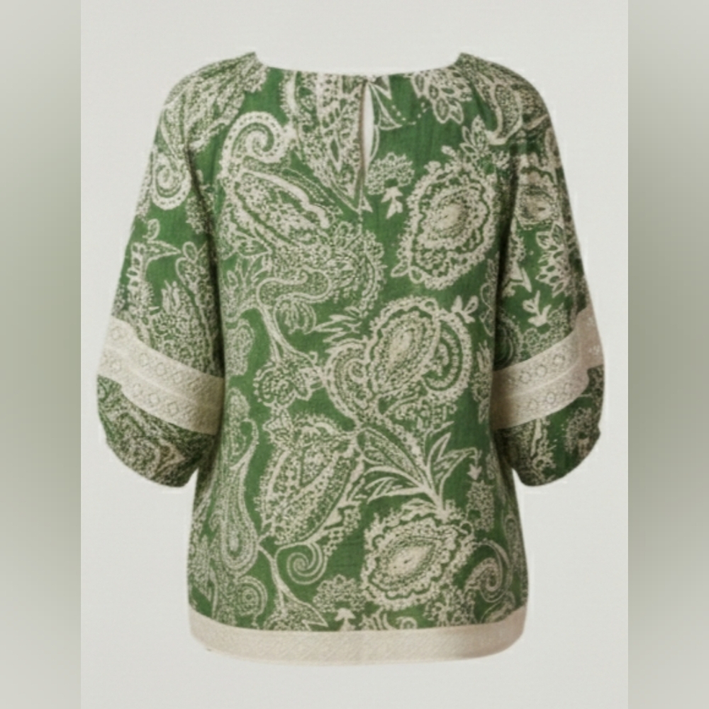 Nicole Miller Paisley Embroidered Linen Blend Square Neck Blouse 1X Green Cream - Picture 3 of 5